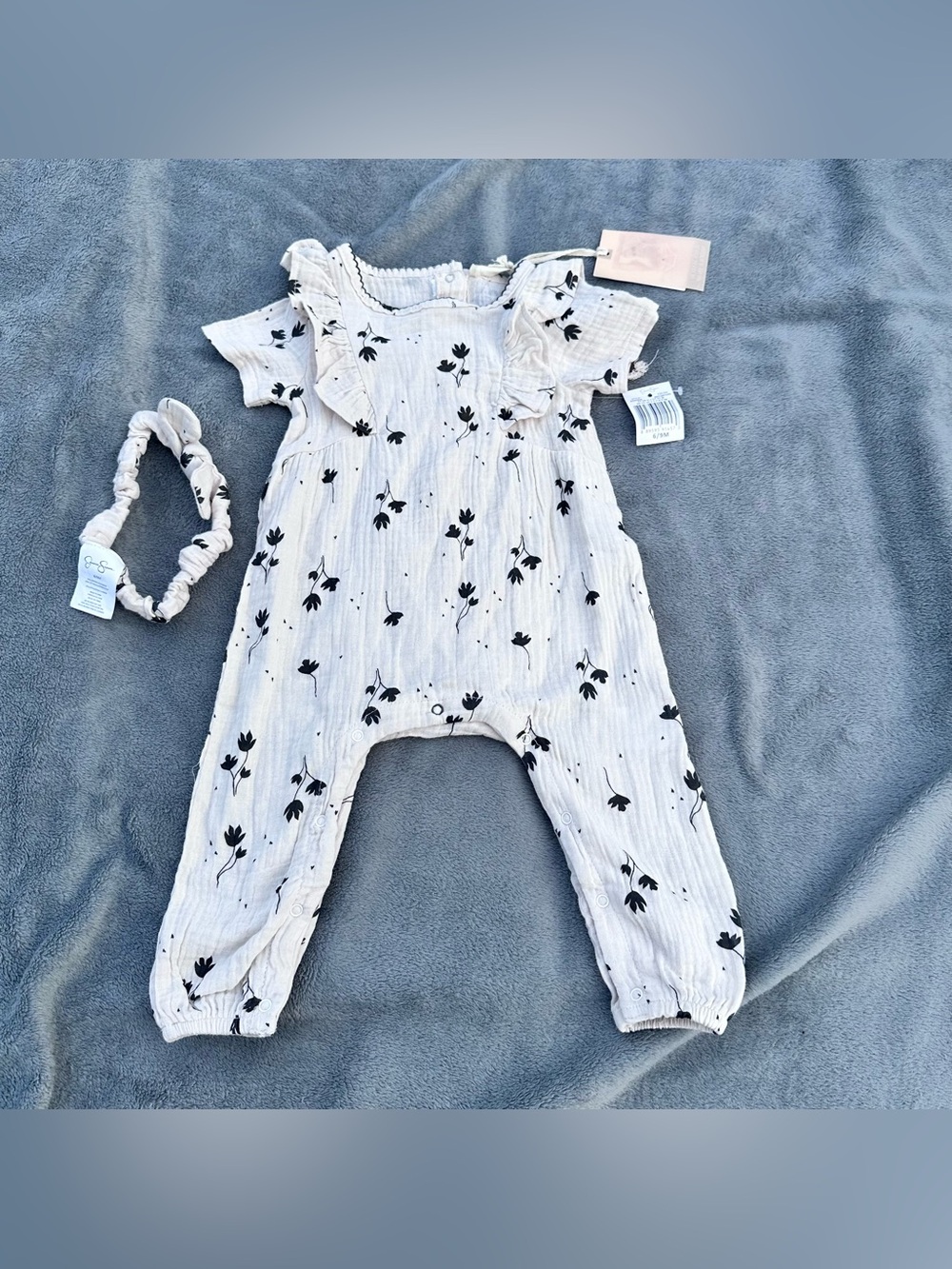 NWT Jessica Simpson Baby Girl Floral Romper Jumpsuit w/ Matching Headband 6-9mo